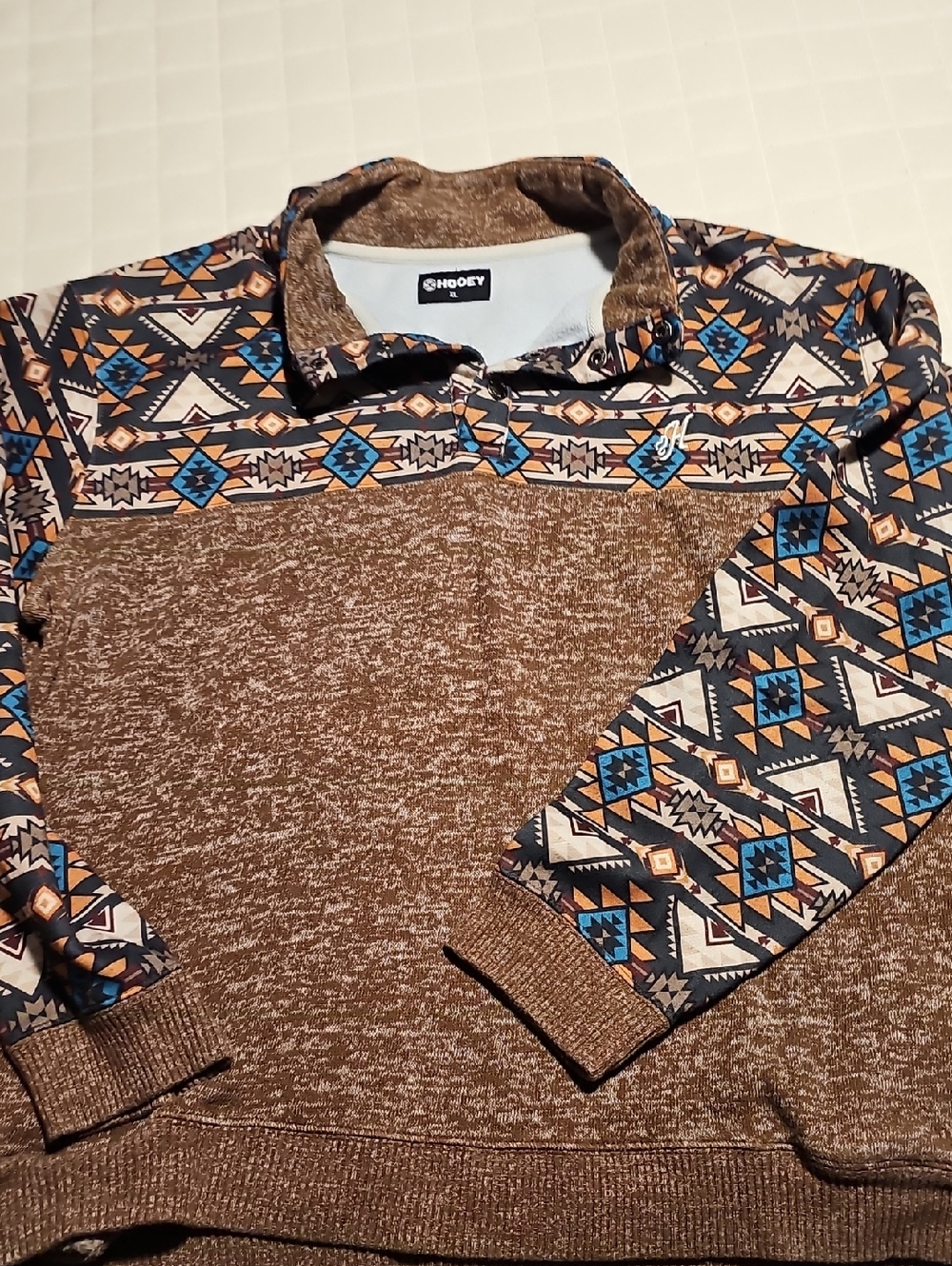 Hooey Brown Aztec-Pattern Crewneck Sweater with Blue Accents